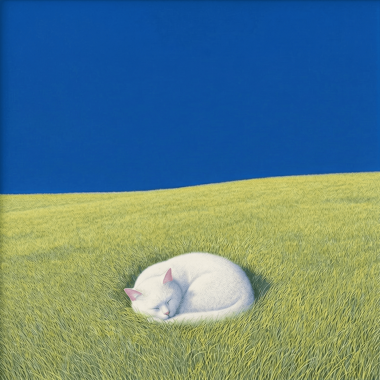 A white cat sleeping in a sunlit meadow